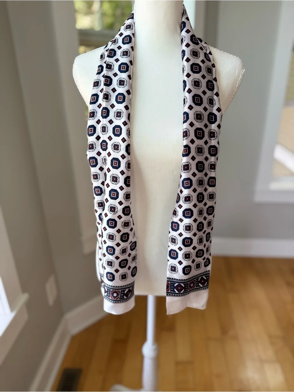 Vintage 70’s White Rectangular Scarf or Belt with Navy Red Geometric Print